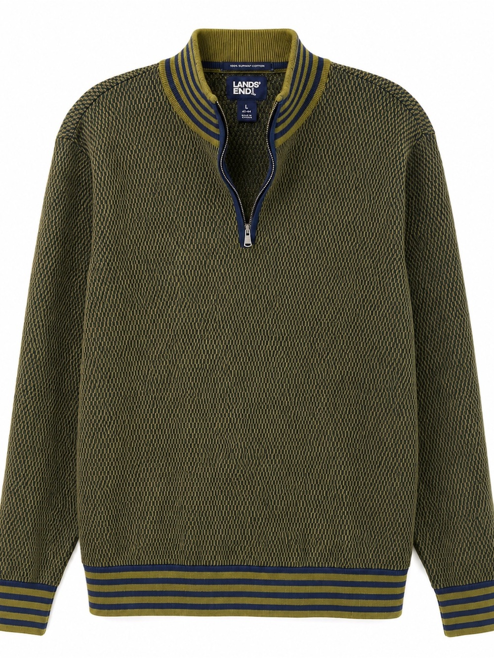 Lands' End Supima Cotton Quarter Zip Sweater Olive Navy Men's L 42-44